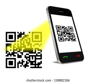 Mobil phone reading QR code. Isolated on white.