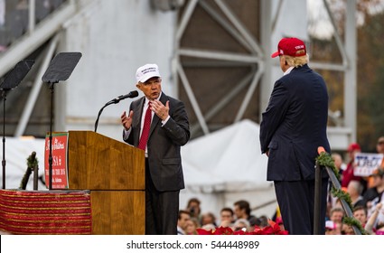 Mobile, Alabama - 12/17/2016:  Alabama Senator and incoming US Attorney General Jeff Sessions speaks to the crowd with US President-elect Donald J. Trump at Ladd-Peebles Stadium.