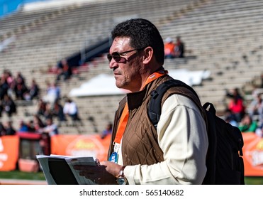 Mobile, ALABAMA, January 24, 2017:  NFL Carolina Panthers Head Coach Ron Rivera Attends A Reese's Senior Bowl Practice At Ladd-Peebles Stadium.