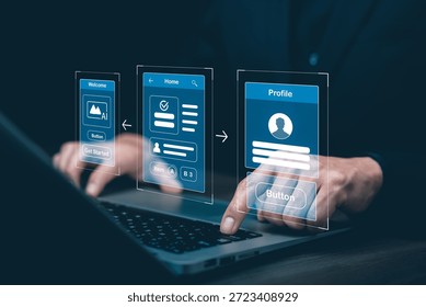 Mobile app user interface and UI UX design concept with digital screens, application flow, profile page, navigation elements, interactive buttons, and modern software technology.