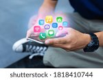 Mobile application concept.Man using touch screen smart phone