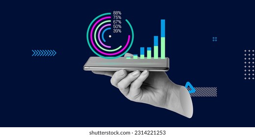 Mobile applications for data collection and analysis, auditing, business process management. Pie Chart and Bar Chart on a Smartphone Screen in a Hand. Minimalist Art Collage