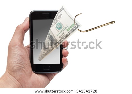 mobile bank fraud concept, mobile,money and hook on white backgrounds