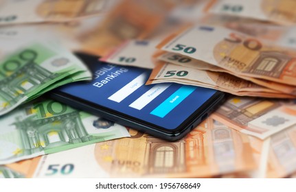 Mobile banking and finance concept: smartphone with stock exchange market application, euro banknotes. Business background. Blurred concept