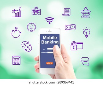 Mobile Banking, hand holding mobile with log in interface and icon ,Internet banking concept