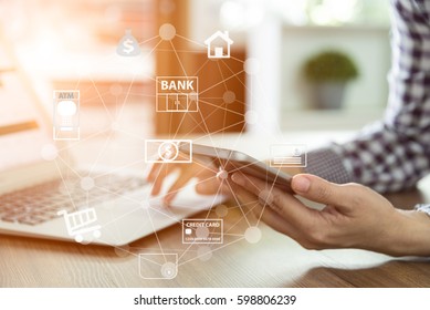 mobile banking network. business people using mobile phone with icon application online payment.  - Shutterstock ID 598806239