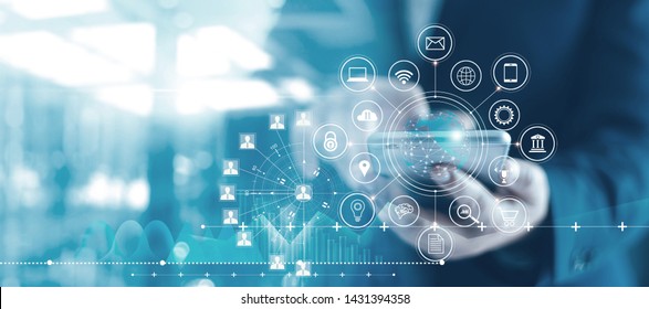 
Mobile Banking Network, Online Payment, Digital Marketing. Business People Using Mobile Phone With Credit Card And Icon Network Connection On Dark Blue Virtual Screen Background, Business Technology 