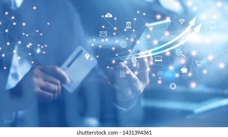 
				Mobile banking network, online payment, digital marketing. Business people using mobile phone with credit card and icon network connection on dark blue virtual screen background, business technology