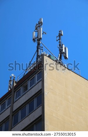 Mobile base station rooftop infrastructure in Europe. Mobile phone transmitters in Catania, Italy.