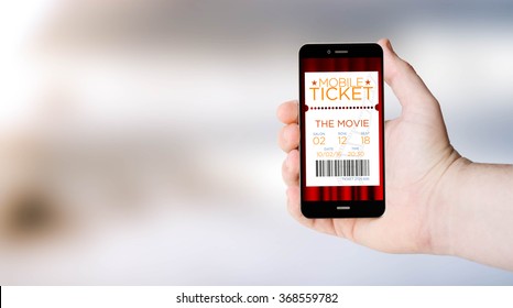 mobile cinema ticketson digital generated phone screen with sea background. All screen graphics are made up. - Shutterstock ID 368559782