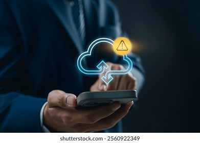Mobile Cloud Data Alert Notification on Handheld Device, Showcasing Security Management, Cyber Risk Prevention, and Digital Connectivity for Real Time Protection in Business Operations.