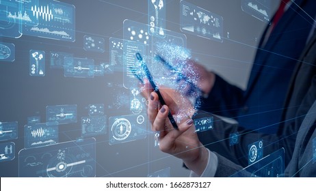 Mobile communication network concept. Digital transforamtion. GUI (Graphical User Interface).