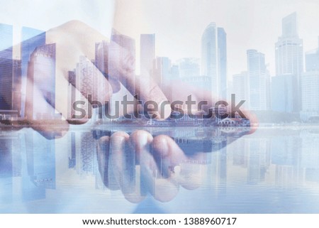 mobile communication technology, closeup of hands using smartphone, double exposure 