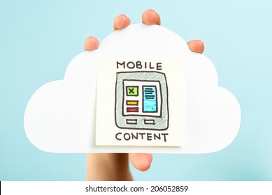 Mobile Content Marketing Concept On Internet Concept With Paper Cloud And Illustration On Blue Background