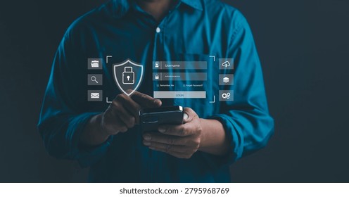 Mobile cybersecurity authentication concept with secure login system, user identity verification, password protection, access control, cloud security and digital privacy for online platforms.