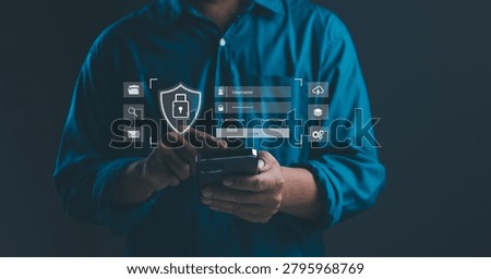 Mobile cybersecurity authentication concept with secure login system, user identity verification, password protection, access control, cloud security and digital privacy for online platforms.