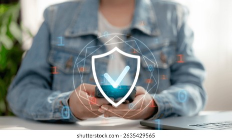 Mobile cybersecurity and data protection concept. User holding smartphone with secure shield icon and binary code, symbolizing encryption, safe access, and digital privacy protection.