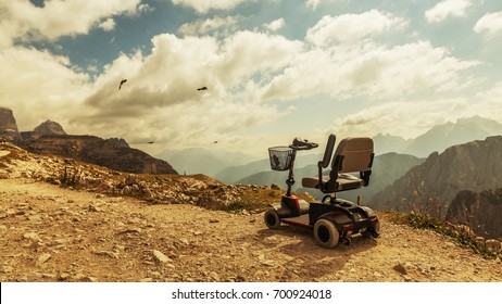 Mobile electric buggies on the mountain, Dolomites, Italy. Motorised wheelchair for disposable people, disable car