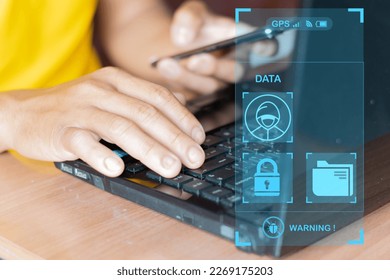 Mobile hacker and computer cyber security, online data breach or identity theft. hacked phone Hacker and mobile phone with hologram data Mobile scams, fraud or crime cyber security breach