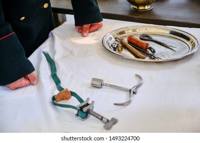 Mobile Hospital, Retro Military Medicine And Surgeon's Hands. Vintage Field Medic Tools 18th And 19th Century..