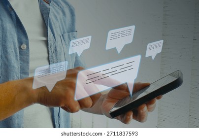 Mobile messaging communication interface concept.Man using smartphone with floating digital chat bubbles, modern texting interface and online communication visuals illustrating messaging and virtual i - Powered by Shutterstock - Get 15% off with code: PIKWIZARD15