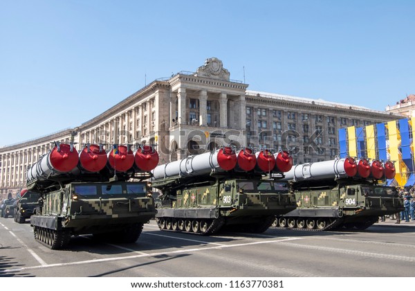 Mobile missile launch systems drive during a\
military parade marking Ukraine\'s Independence Day in Kyiv, Ukraine\
August 24, 2018.