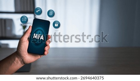 Mobile multi-factor authentication (MFA) concept showing password, biometric, and verification code. Clean blue tone with ample copy space for IT, cybersecurity, and compliance uses.
