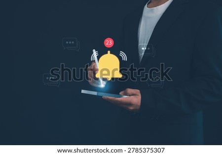 Mobile notification and message alert concept with smartphone, ringing bell icon, chat communication, social media updates and digital reminder technology interface.