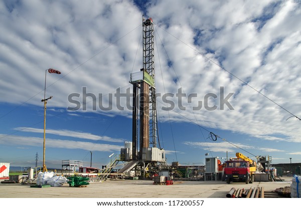 Mobile oil drilling\
rig during prospection