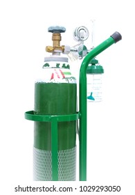 Mobile Oxygen Tank And Regulator Gage Pressure For Help The Patient Breathe More Easily, Medical Equipment For Respiratory System, Isolated White Background