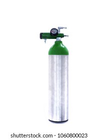 Mobile Oxygen Tank And Regulator With Gage Meter For Give Oxygen To The Patient Or People With Oxygen Deficiency Or Hypoxia, Medical Equipment For Respiratory System, Isolated White Background