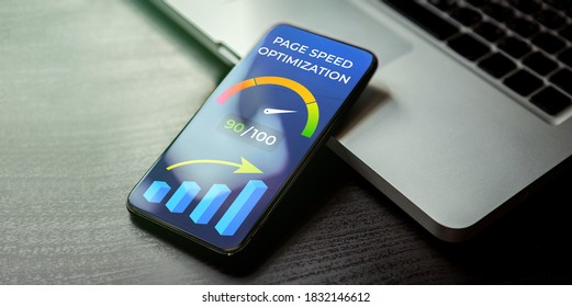Mobile Page Speed Optimization concept. Website Page Speed Loading Time image for internet SEO. Mobile phone lying on a wooden table next to the laptop and on the screen accelerometer with high values - Shutterstock ID 1832146612