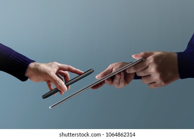 Mobile Payment Concept. Woman Customer using Smartphone to making Pay Transection with a Businessman