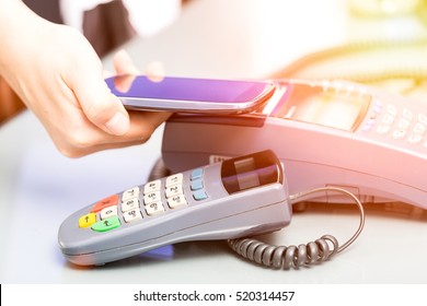 Mobile Payment Phone Retail Nfc Pay Paying Smart Shopping Reader Woman Wireless Concept - Stock Image