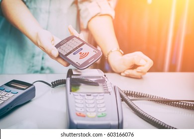 Mobile Payment Phone Retail Nfc Pay Paying Smart Shopping Reader Woman Wireless Concept - Stock Image