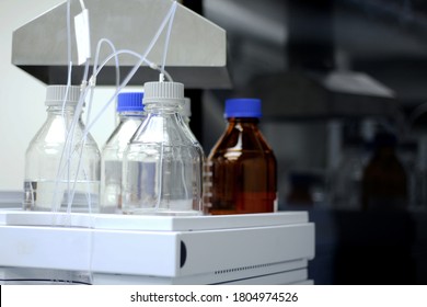 Mobile phase in bottles for High Performance Liquid Chromatography (HPLC) analysis.
The sample is dissolved in the solvent.