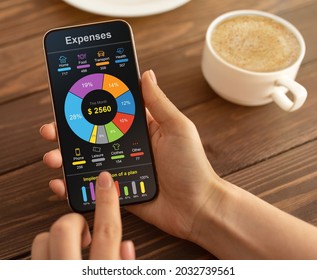 Mobile Phone App For Money, Budget And Expense Tracking concept. Unrecognizable woman checking her monthly expenses on smartphone while drinking coffee at cafe, cropped, collage