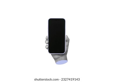 Mobile phone with black screen in male hand isolated on white background. Blank with empty copy space for text. 3d trendy creative collage in magazine urban style. Contemporary art. Modern design