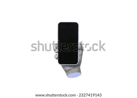 Mobile phone with black screen in male hand isolated on white background. Blank with empty copy space for text. 3d trendy creative collage in magazine urban style. Contemporary art. Modern design