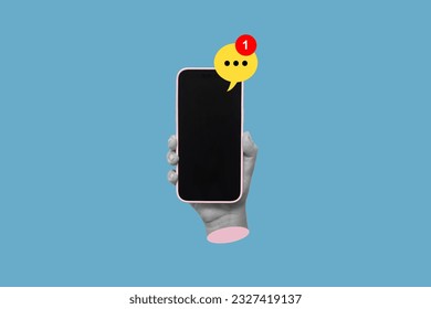 Mobile phone with black screen with notification of new message in female hand on blue color background. Blank with empty copy space. Trendy collage in magazine style. Contemporary art. Modern design - Shutterstock ID 2327419137