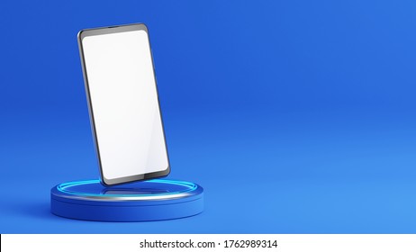 Handy mit einem leeren Bildschirm auf dem Podium. Mock-up-Vorlage des modernen Smartphones. 3D-Rendering