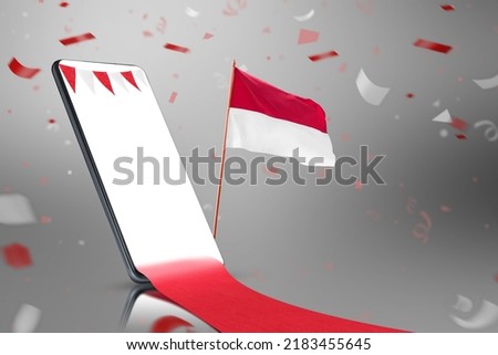 Mobile phone with blank screen and red and white flag with confetti background. Indonesian independence day