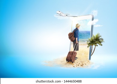 Mobile Phone With Blue Background. Rear View Of Asian Man In Hat With Suitcase Bag And Backpack Walking To The Beach And Plane Flying On The Sky To The Outside. Traveling Concept