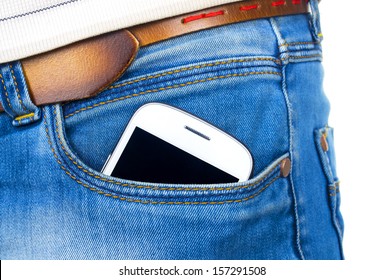 Mobile Phone In Blue Jeans Pocket.