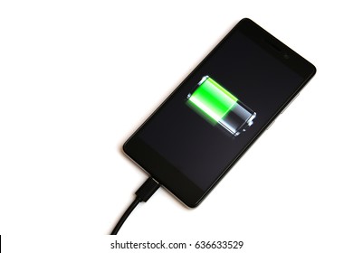 Mobile Phone Charging Isolated, Battery Charge Icon Is Displayed On Screen, Connected Usb Cable, Closeup