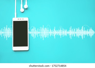 Mobile Phone With Empty Screen And Earphones On Cyan Background With Audio Track