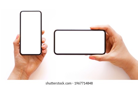 Mobile phone with empty white screen in hand in horizontal and vertical orientation, isolated on white background - Powered by Shutterstock