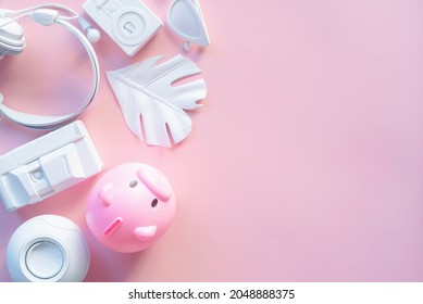Mobile phone, glasses, camera, white leaves and different pink piggy bank pig on pastel pink background.
