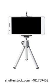Mobile Phone Isolated On Tripod In White Background