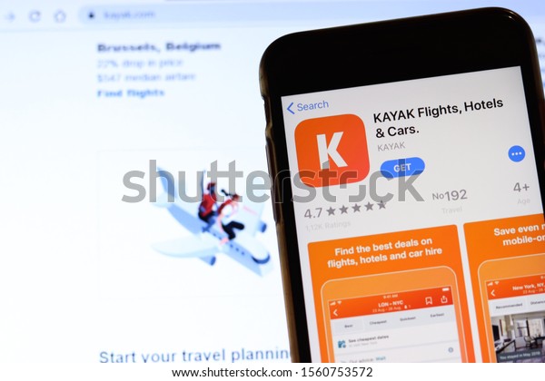 Mobile phone\
with Kayak app store icon on screen close up with website on\
laptop. Blurred background with KAYAK. Los Angeles, California, USA\
- 9 November 2019, Illustrative\
Editorial